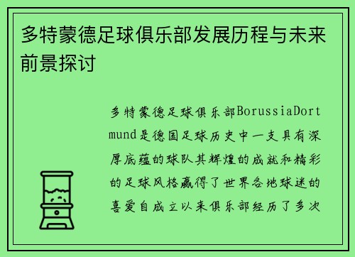 多特蒙德足球俱乐部发展历程与未来前景探讨