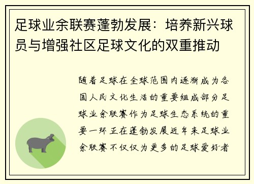 足球业余联赛蓬勃发展：培养新兴球员与增强社区足球文化的双重推动