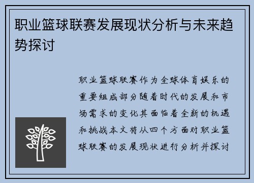 职业篮球联赛发展现状分析与未来趋势探讨