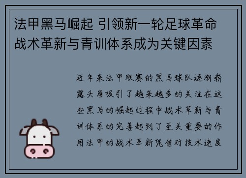 法甲黑马崛起 引领新一轮足球革命 战术革新与青训体系成为关键因素