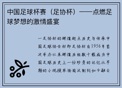 中国足球杯赛（足协杯）——点燃足球梦想的激情盛宴