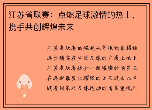 江苏省联赛：点燃足球激情的热土，携手共创辉煌未来