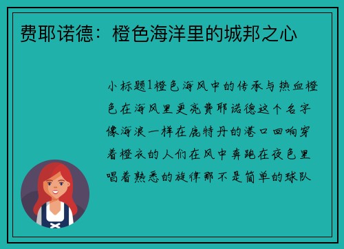 费耶诺德：橙色海洋里的城邦之心