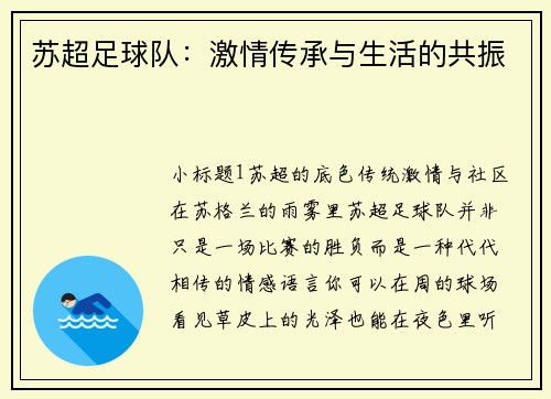 苏超足球队：激情传承与生活的共振