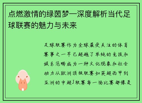点燃激情的绿茵梦—深度解析当代足球联赛的魅力与未来